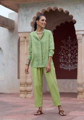 HOC Crafts Glazed Cotton Hand Block Printed with Hand Embroidery Women's 2 PC Co-ord Set - Green HOC Crafts Glazed Cotton Hand Block Printed with Hand Embroidery Women's 2 PC Co-ord Set - Green