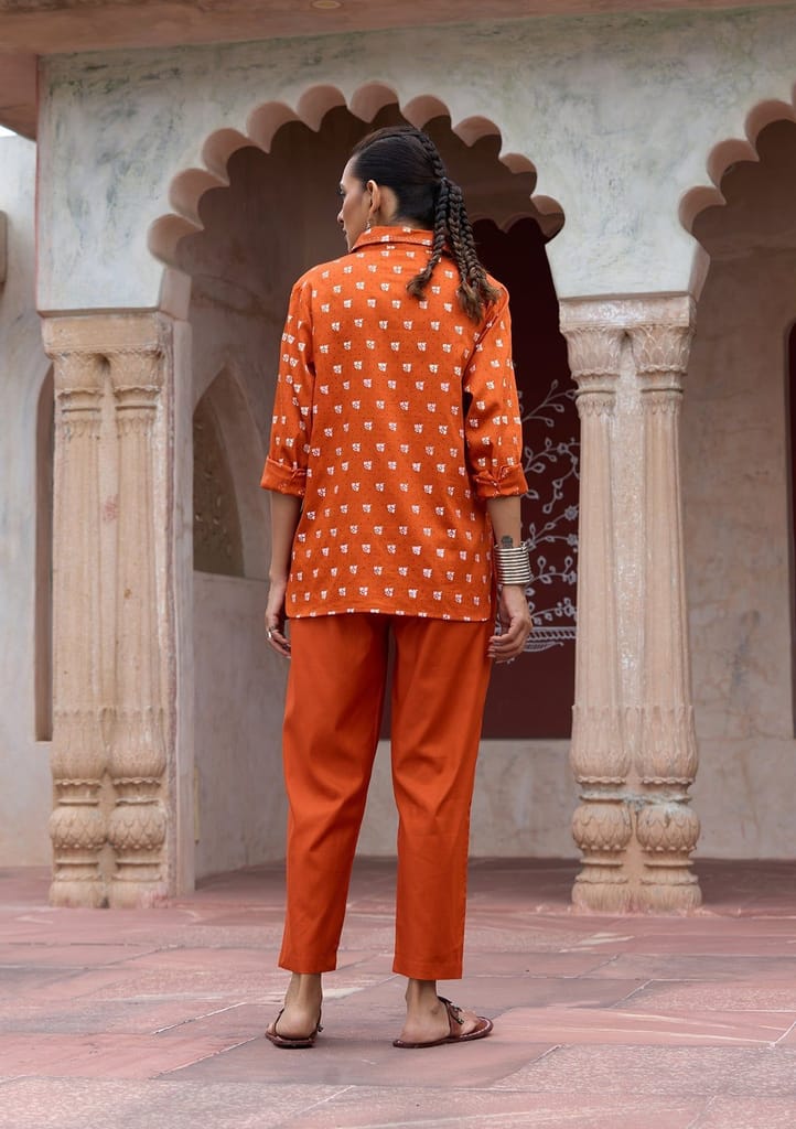 HOC Crafts Glazed Cotton Hand Block Printed with Hand Embroidery Women's 2 PC Co-ord Set - Orange