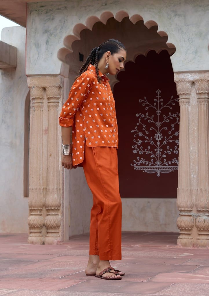 HOC Crafts Glazed Cotton Hand Block Printed with Hand Embroidery Women's 2 PC Co-ord Set - Orange