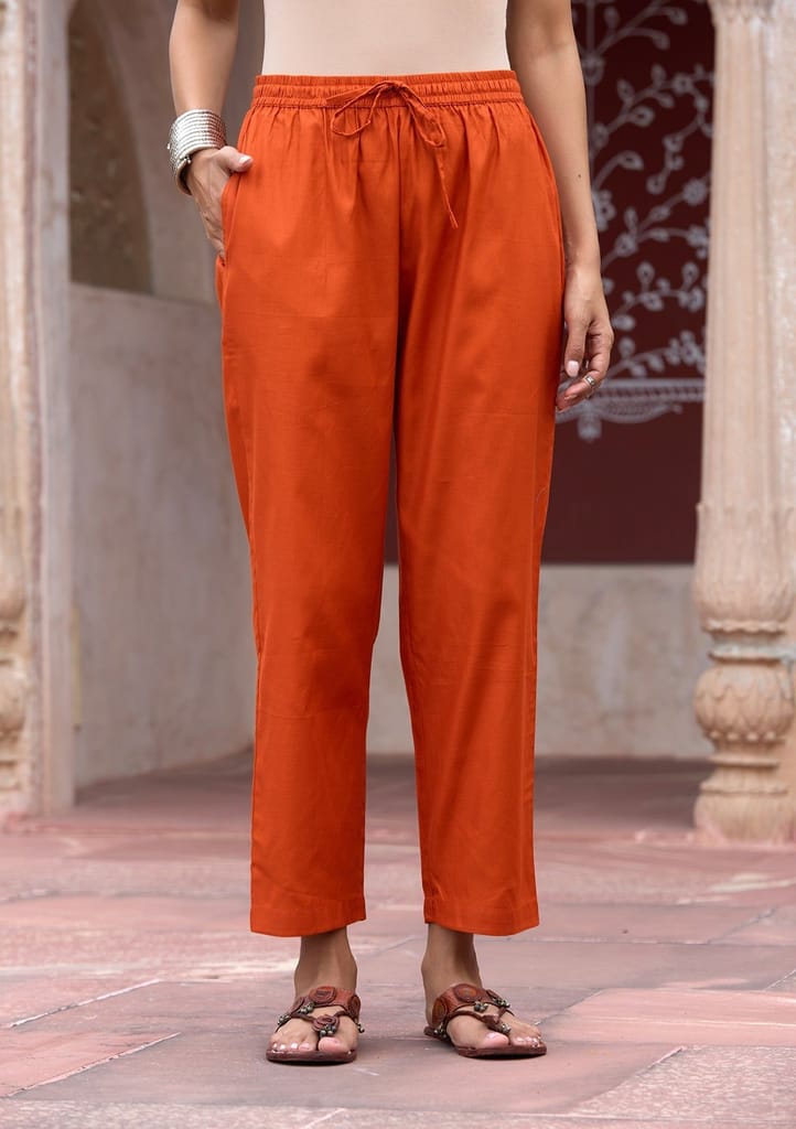 HOC Crafts Glazed Cotton Hand Block Printed with Hand Embroidery Women's 2 PC Co-ord Set - Orange