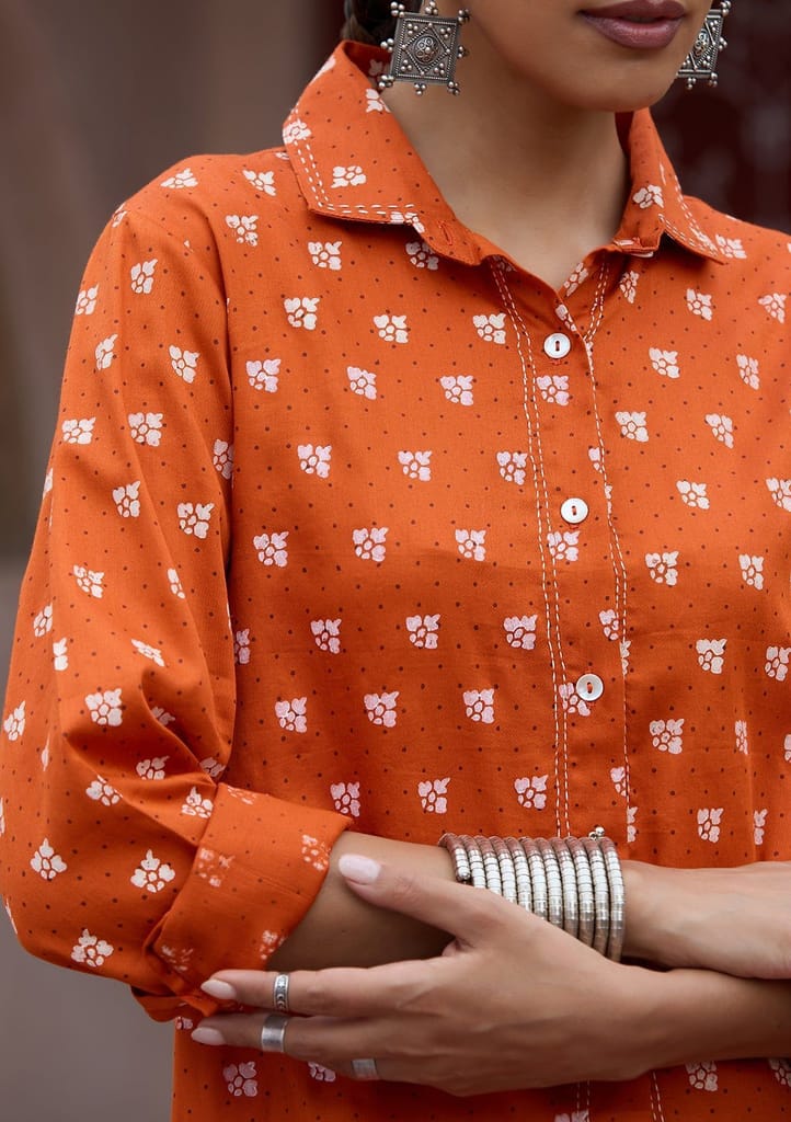 HOC Crafts Glazed Cotton Hand Block Printed with Hand Embroidery Women's 2 PC Co-ord Set - Orange