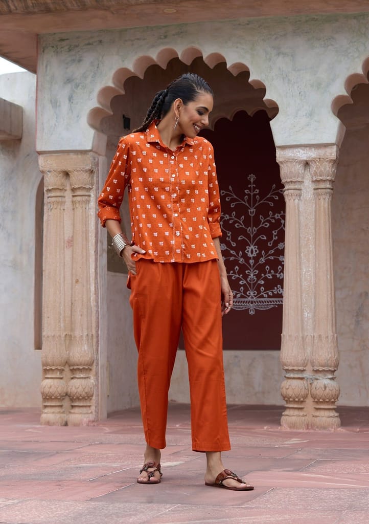 HOC Crafts Glazed Cotton Hand Block Printed with Hand Embroidery Women's 2 PC Co-ord Set - Orange
