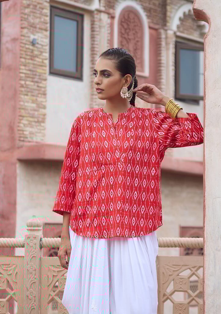 HOC Crafts Glazed Cotton Hand Block Printed with Hand Embroidery Women's Short Kurta - Red