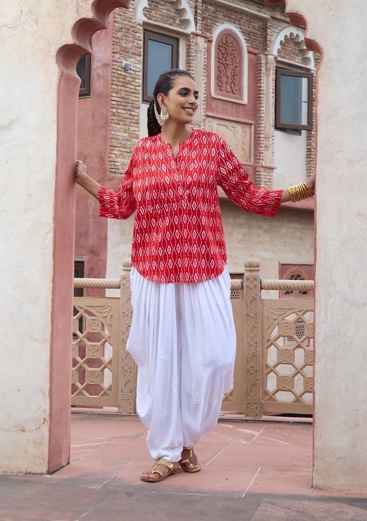 HOC Crafts Glazed Cotton Hand Block Printed with Hand Embroidery Women's Short Kurta - Red