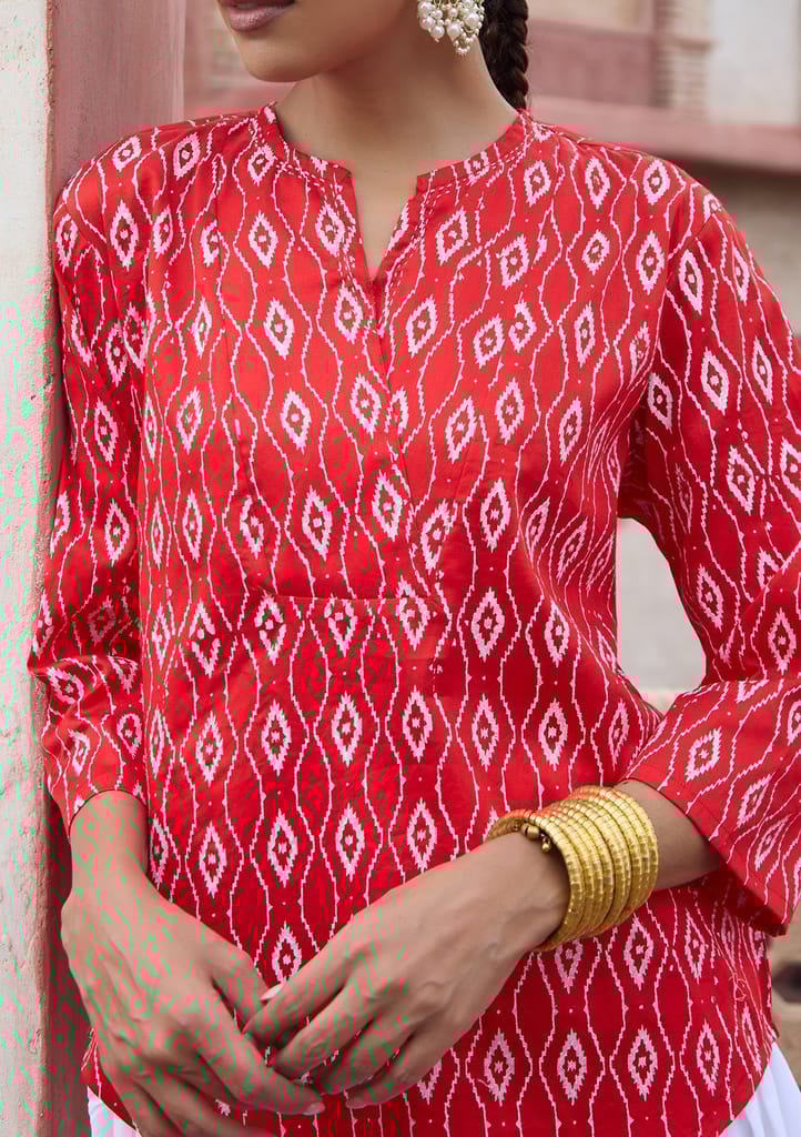 HOC Crafts Glazed Cotton Hand Block Printed with Hand Embroidery Women's Short Kurta - Red