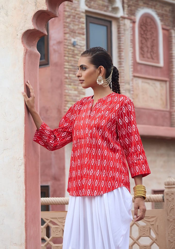 HOC Crafts Glazed Cotton Hand Block Printed with Hand Embroidery Women's Short Kurta - Red - Kurtas & Kurta Sets | Buy online on ZillyBuy
