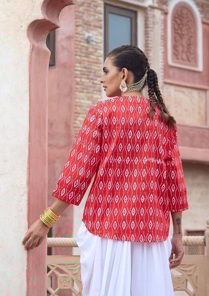 HOC Crafts Glazed Cotton Hand Block Printed with Hand Embroidery Women's Short Kurta - Red