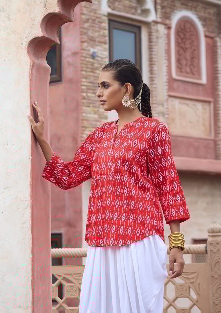 HOC Crafts Glazed Cotton Hand Block Printed with Hand Embroidery Women's Short Kurta - Red