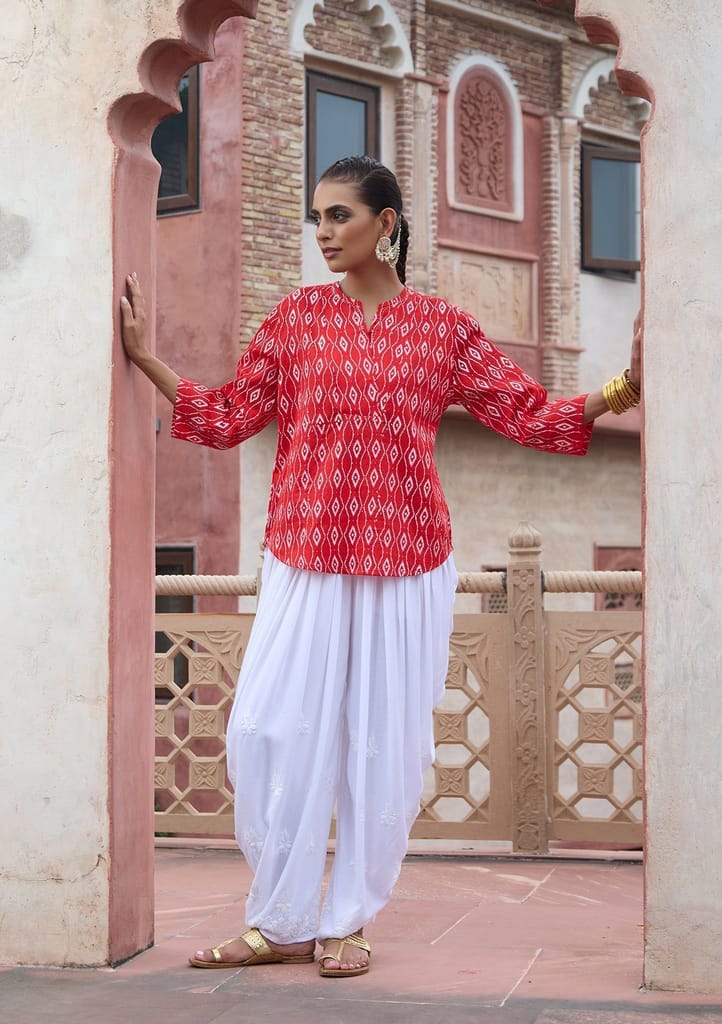 HOC Crafts Glazed Cotton Hand Block Printed with Hand Embroidery Women's Short Kurta - Red