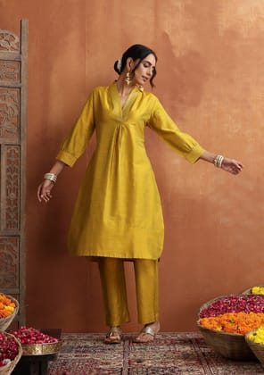 HOC Crafts Silk Blended Zari Pintucks Solid Women's 2 PC Long Kurta Set - Yellow