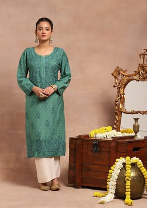 Chanderi Chikankari Solid Women's Long Kurta- Dark Green Chanderi Chikankari Solid Women's Long Kurta- Dark Green