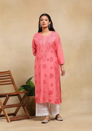 Chanderi Chikankari Solid Women's Long Kurta- Light Pink Chanderi Chikankari Solid Women's Long Kurta- Light Pink