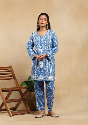 Cotton Chikankari Printed Women's 2PC Short Kurta Set - Blue Cotton Chikankari Printed Women's 2PC Short Kurta Set - Blue