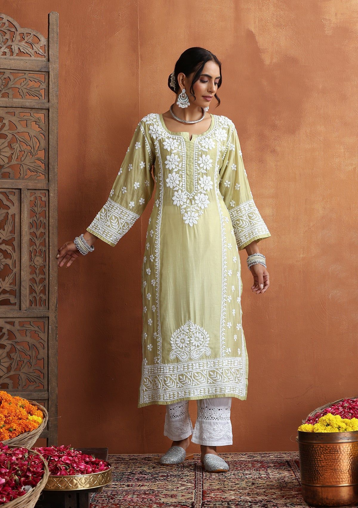 Chanderi Chikankari Solid Women's Long Kurta - Light Green