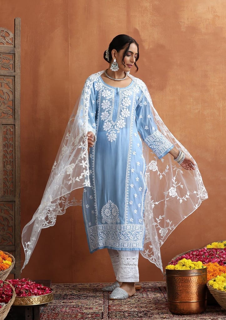 Chanderi Chikankari Solid Women's Long Kurta - Blue