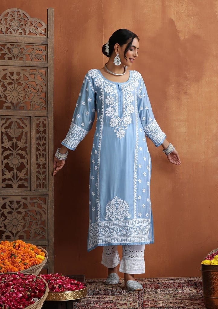 Chanderi Chikankari Solid Women's Long Kurta - Blue