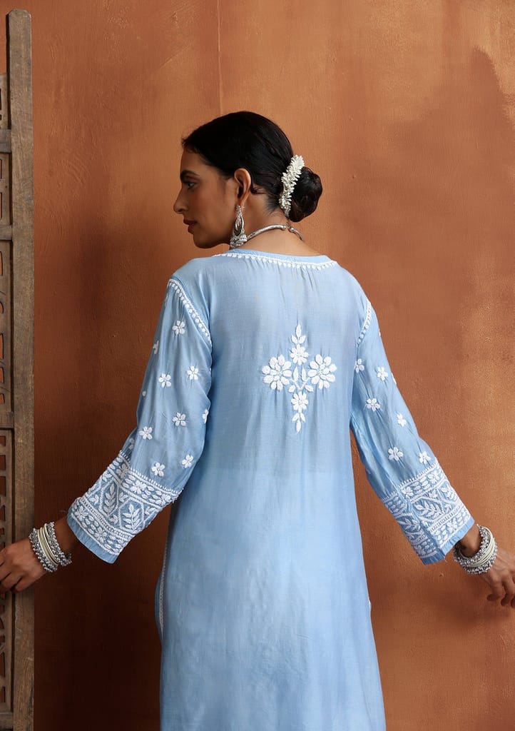 Chanderi Chikankari Solid Women's Long Kurta - Blue