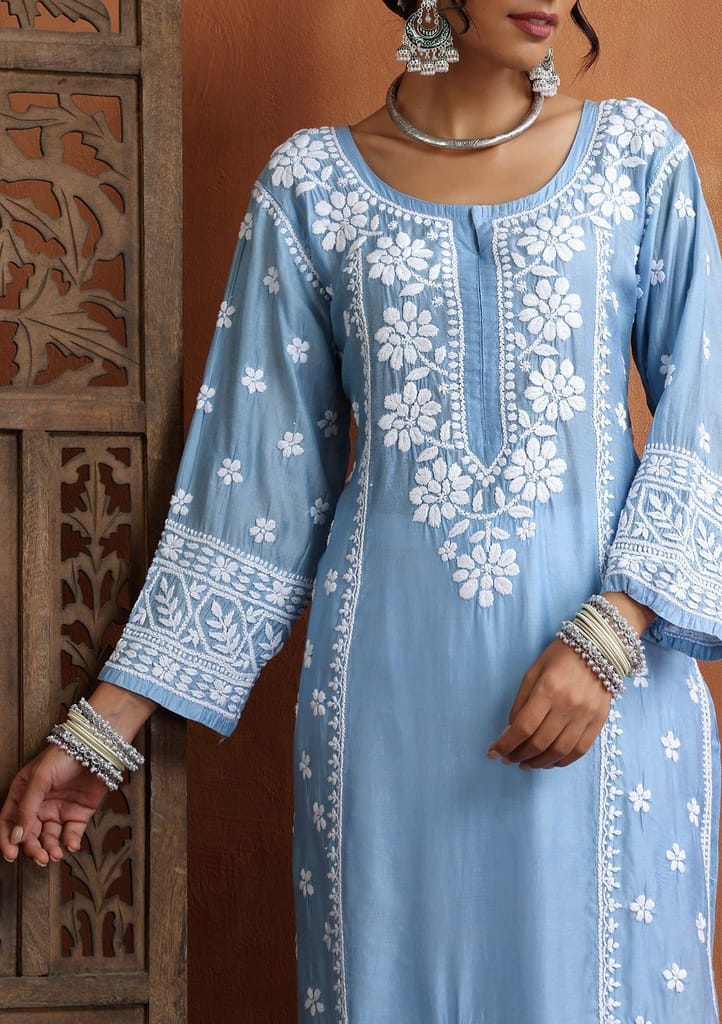 Chanderi Chikankari Solid Women's Long Kurta - Blue