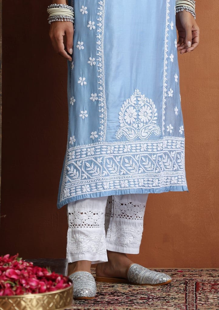 Chanderi Chikankari Solid Women's Long Kurta - Blue