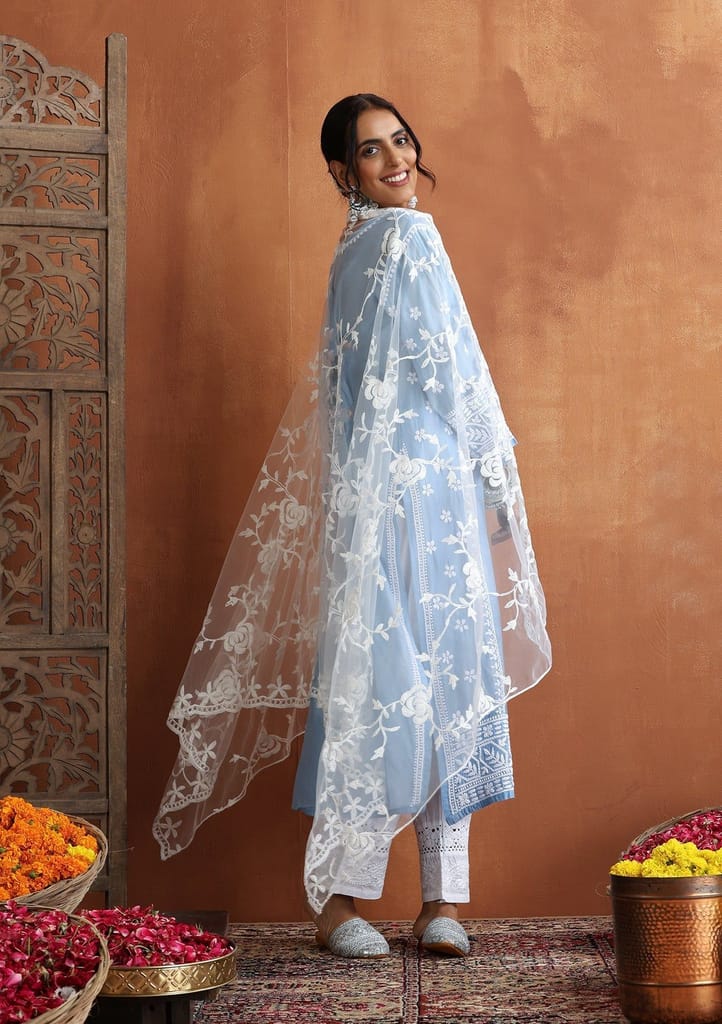 Chanderi Chikankari Solid Women's Long Kurta - Blue