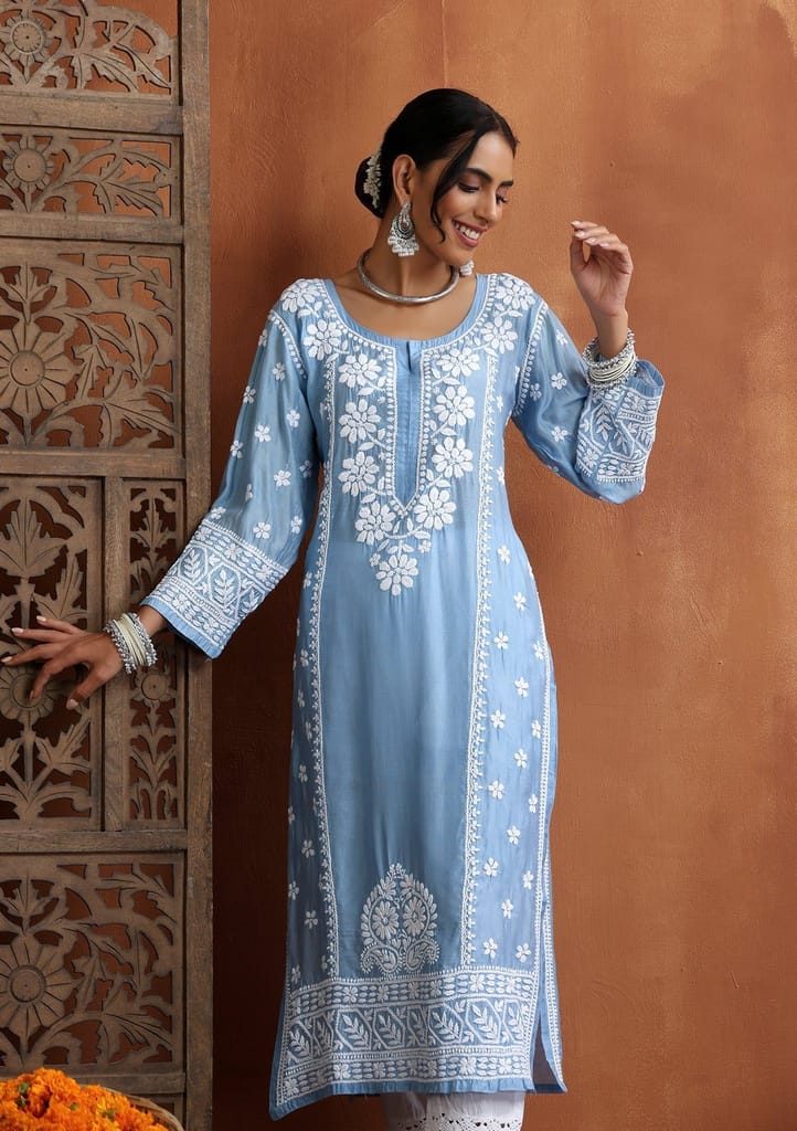 Chanderi Chikankari Solid Women's Long Kurta - Blue
