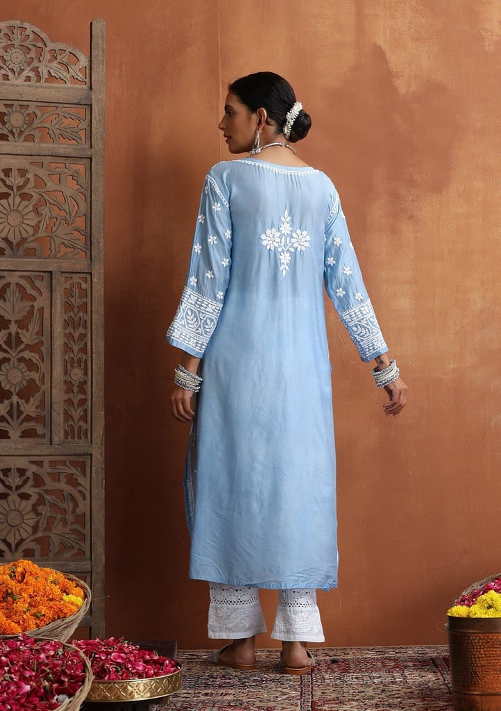 Chanderi Chikankari Solid Women's Long Kurta - Blue