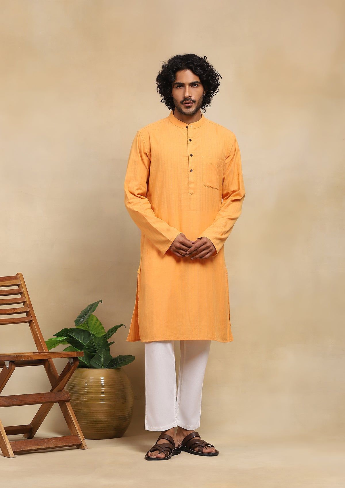 HOC Crafts Handloom Solid Men's Long Kurta - Mustard Yellow