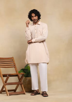 HOC Crafts Handloom Solid Men's Short Kurta - Beige