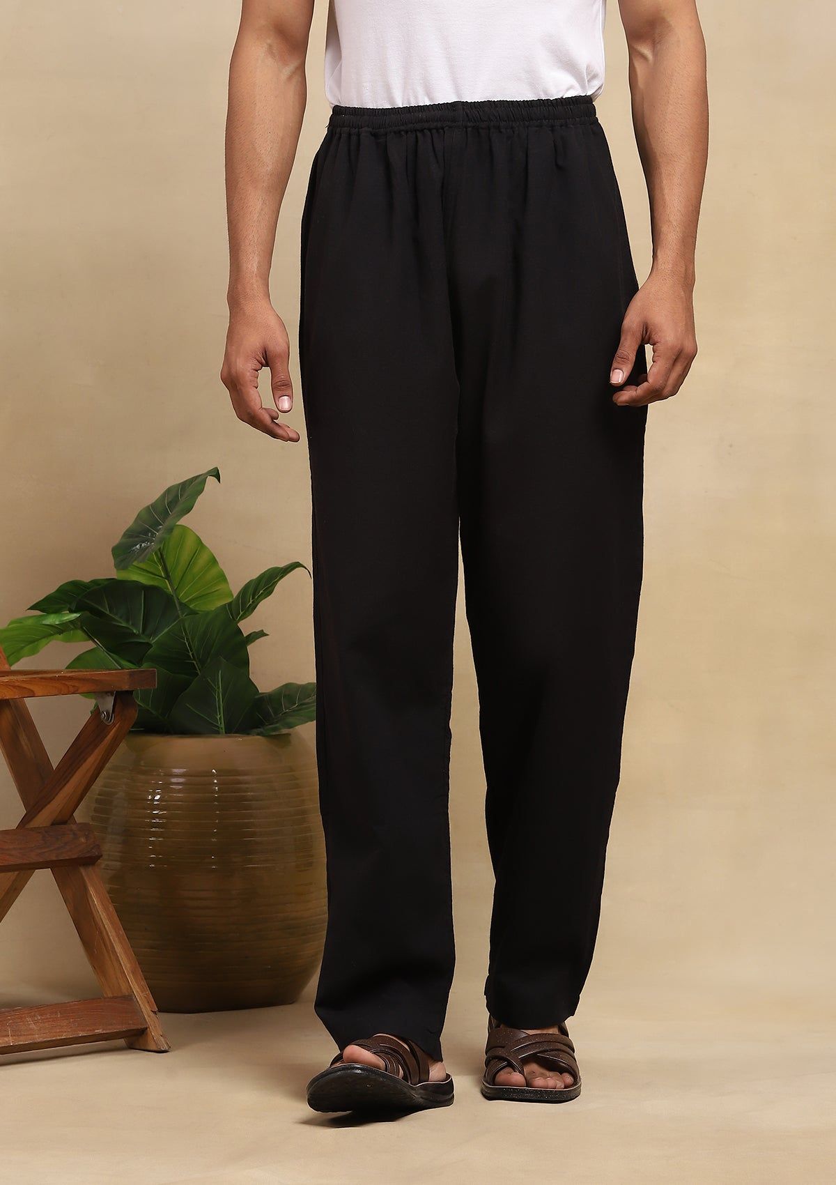 Cotton Solid Men's Pants -  Black