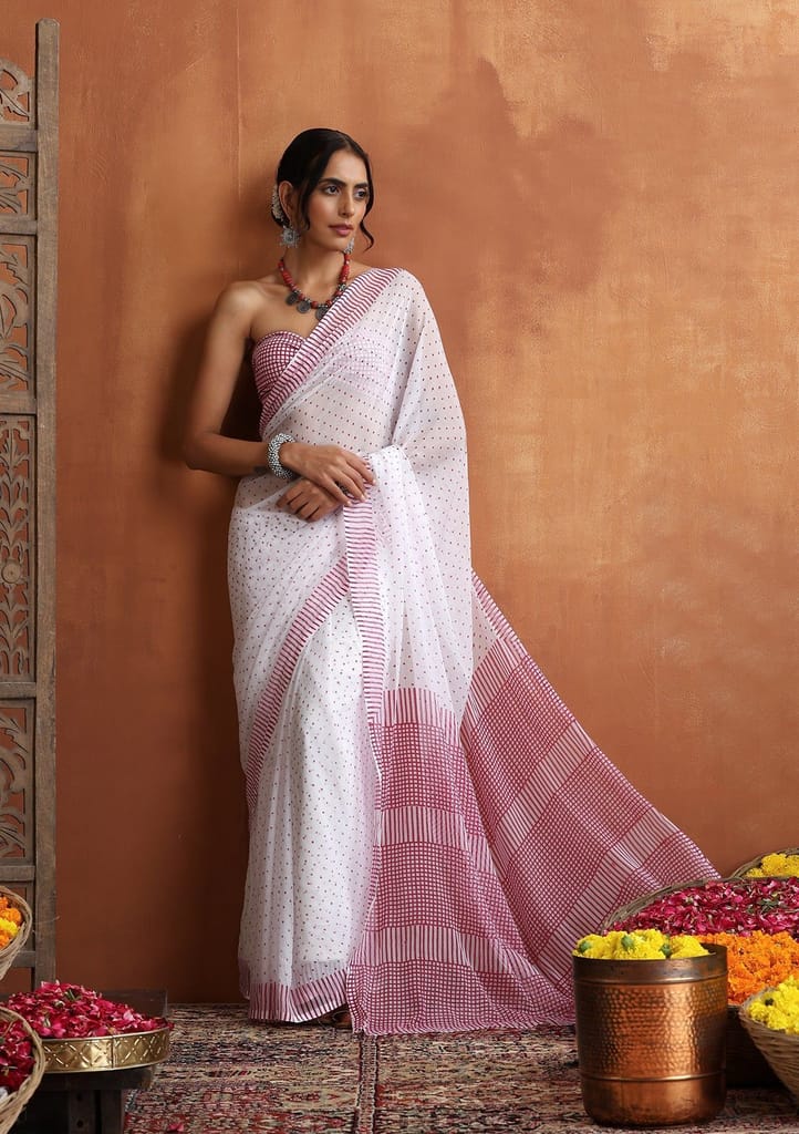 HOC Crafts Hand Block Chiffon Printed Women's Saree - White