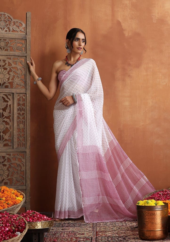 HOC Crafts Hand Block Chiffon Printed Women's Saree - White