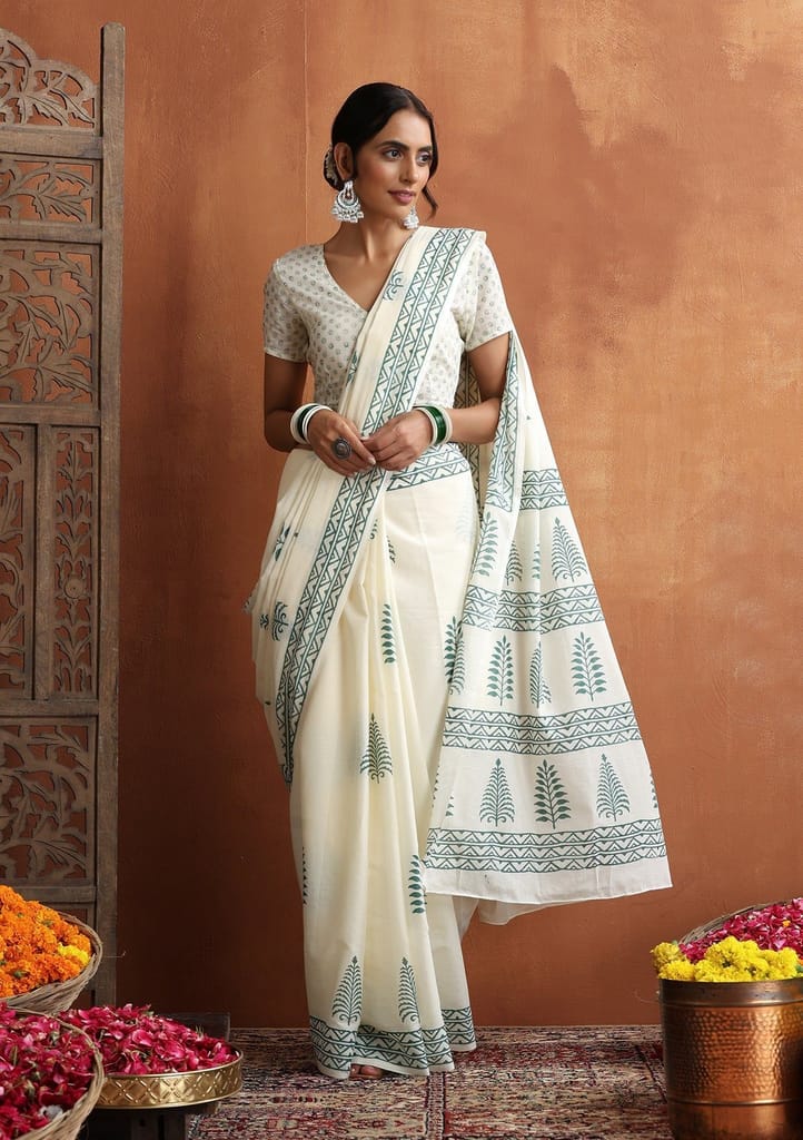 HOC Crafts Hand Block Mulmul Printed Women's Saree - Cream