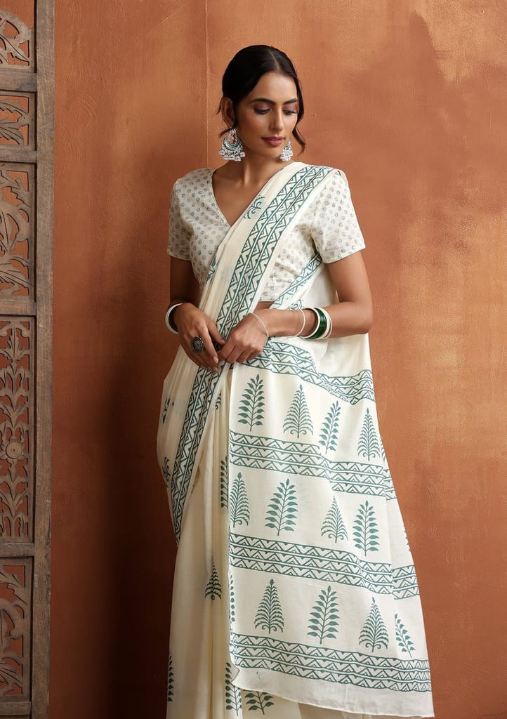 HOC Crafts Hand Block Mulmul Printed Women's Saree - Cream