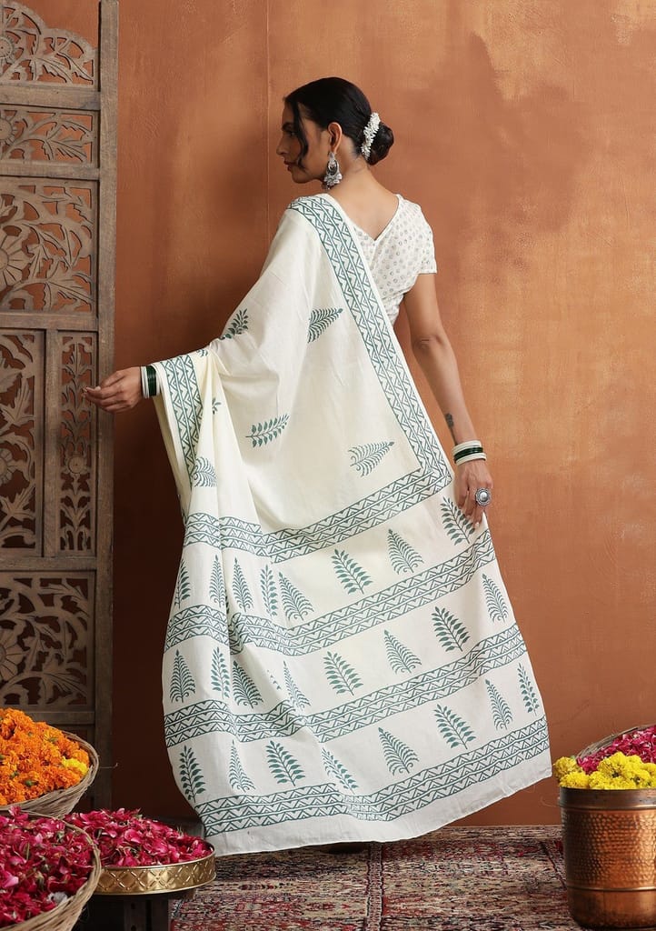 HOC Crafts Hand Block Mulmul Printed Women's Saree - Cream