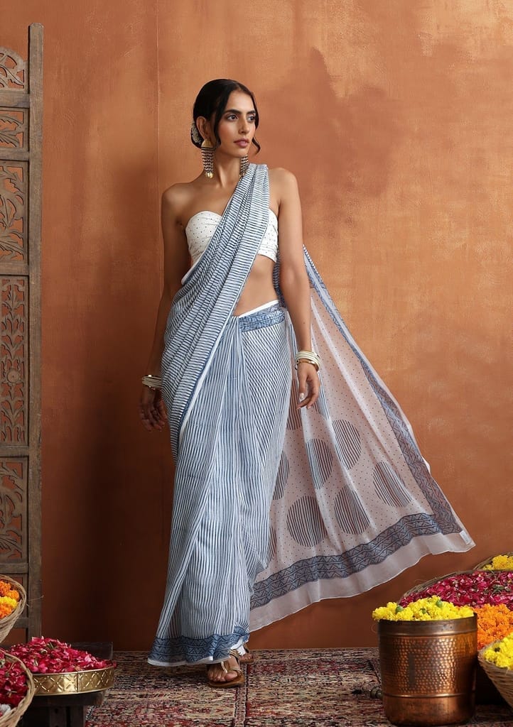 HOC Crafts Hand Block Chiffon Printed Women's Saree - White