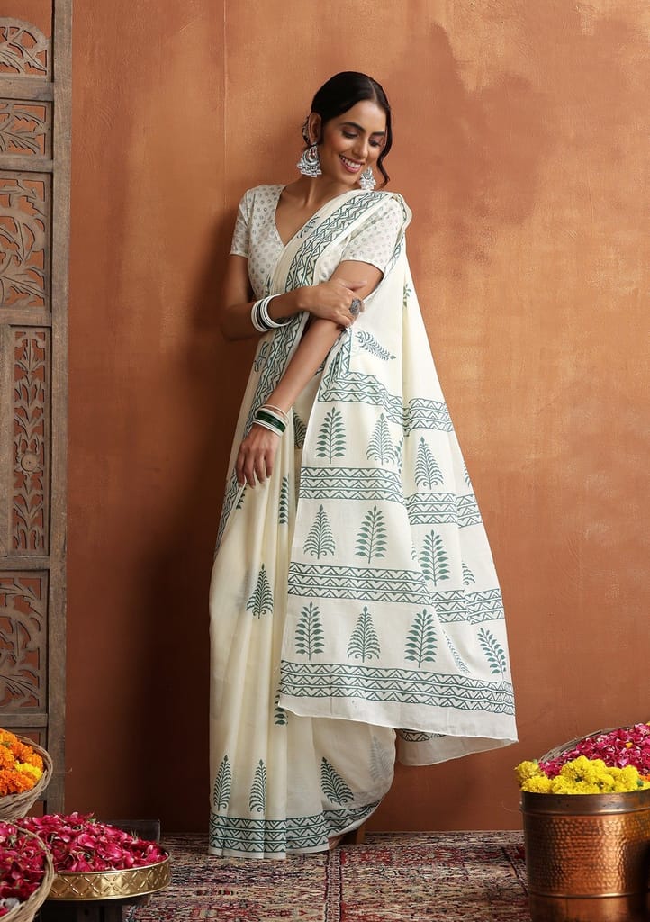 HOC Crafts Hand Block Mulmul Printed Women's Saree - Cream