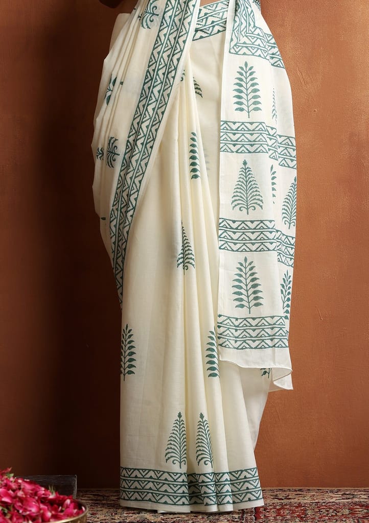 HOC Crafts Hand Block Mulmul Printed Women's Saree - Cream