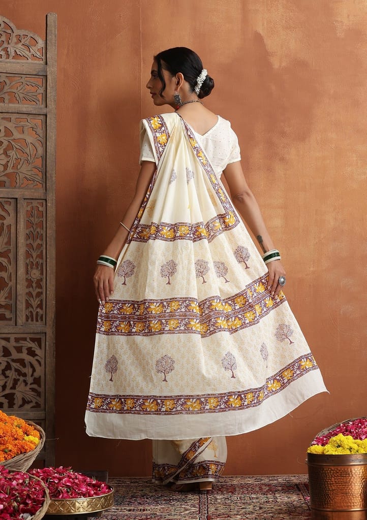 HOC Crafts Hand Block Mulmul Printed Women's Saree - Beige
