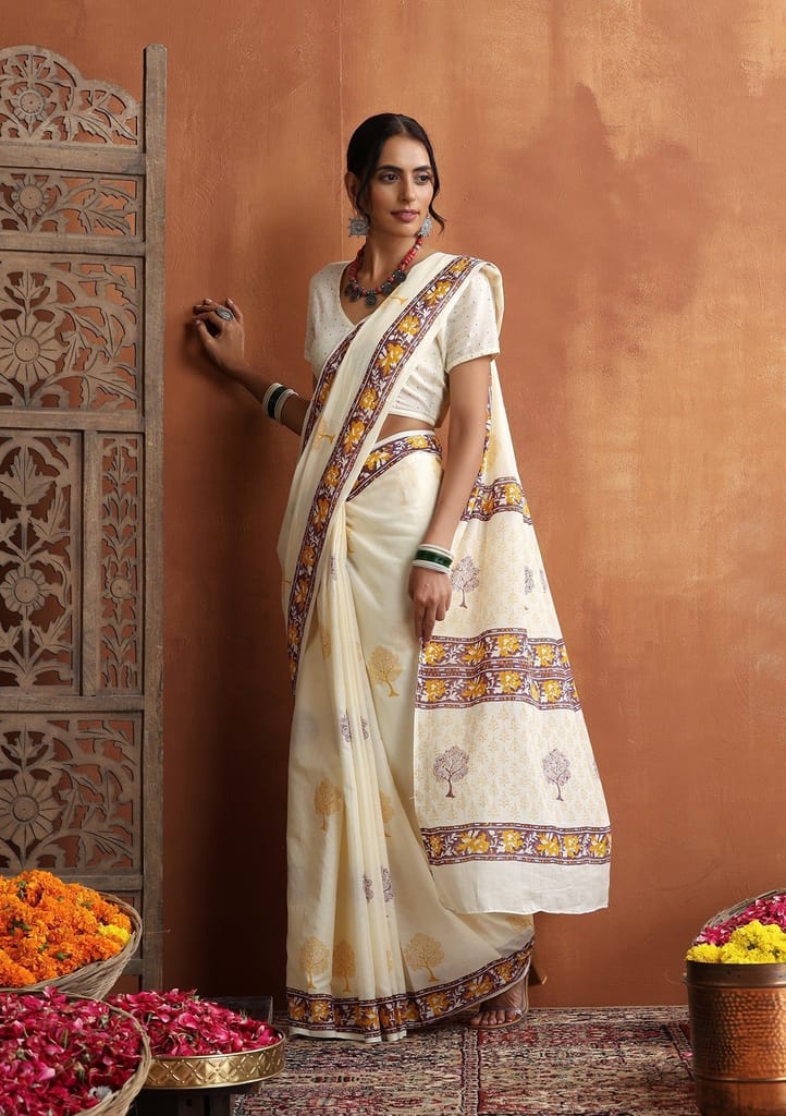 HOC Crafts Hand Block Mulmul Printed Women's Saree - Beige