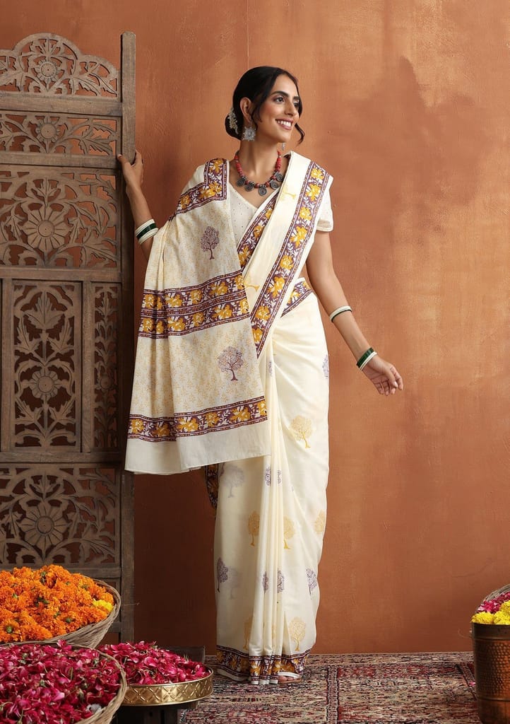 HOC Crafts Hand Block Mulmul Printed Women's Saree - Beige