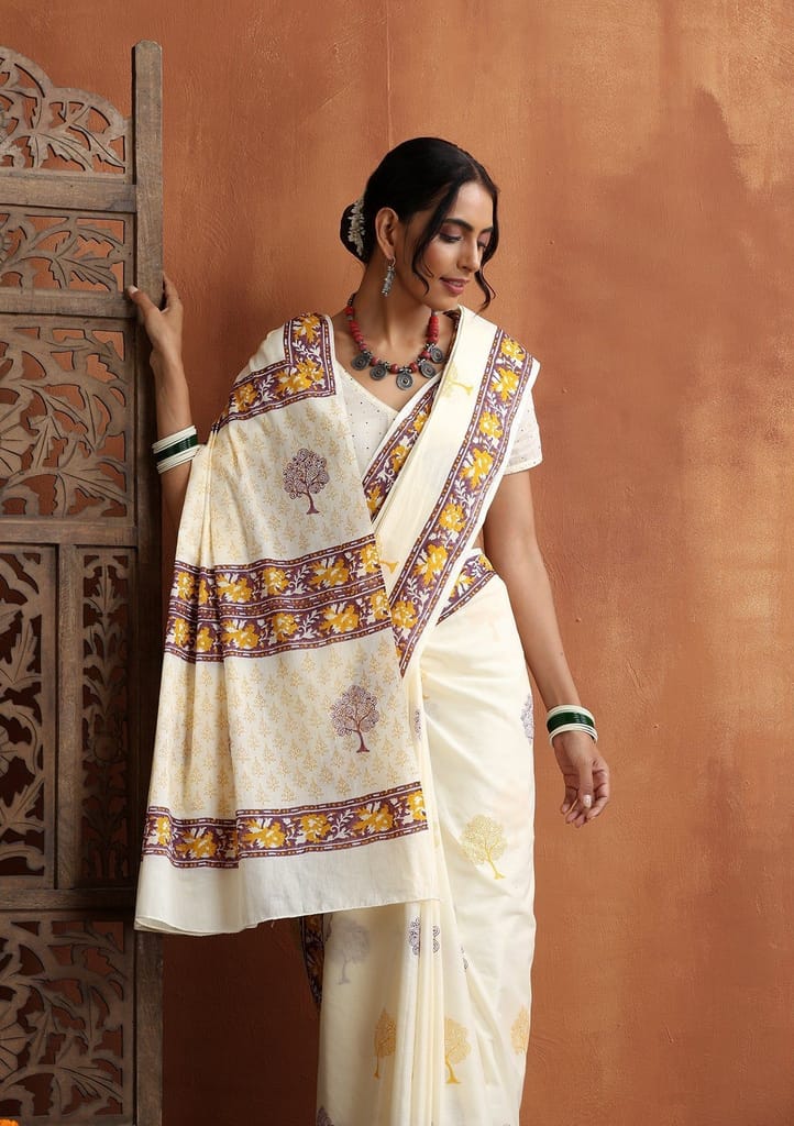 HOC Crafts Hand Block Mulmul Printed Women's Saree - Beige