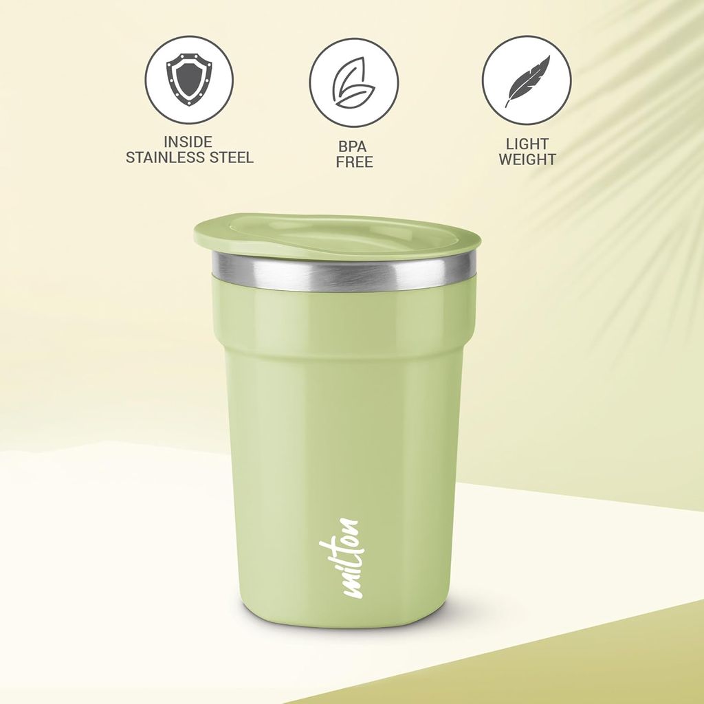 MILTON Cool Touch Deccan 350 Stainless Steel Mug with Lid, 330 ml, Aqua Green - Perfect for Coffee, Tea, and Travel