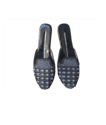 Women's Slip-On Mules with Black and Blue Embroidered Design
