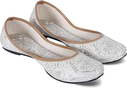 Women's Embroidered Slip-On Flats with Silver Zari Work