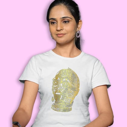 EqualLife Pure Cotton Bio-Washed Chest Printed T-Shirt - Sifi Series - C-3PO Design 1 - by ZingerTees-Women-EL9120557-F