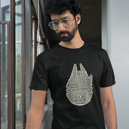 EqualLife Pure Cotton Bio-Washed Chest Printed T-Shirt - Sifi Series - Millennium Falcon Design 2 - by ZingerTees-Men-EL9120561-M