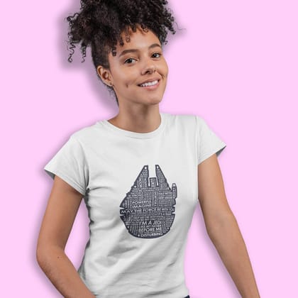 EqualLife Pure Cotton Bio-Washed Chest Printed T-Shirt - Sifi Series - Millennium Falcon Design 2 - by ZingerTees-Women-EL9120561-F