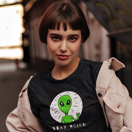 EqualLife Pure Cotton Bio-Washed T-Shirt Chest Printed-Funny Alien Message 1 - Stay Weird Design -by ZingerTees-Women-EL9120126-F