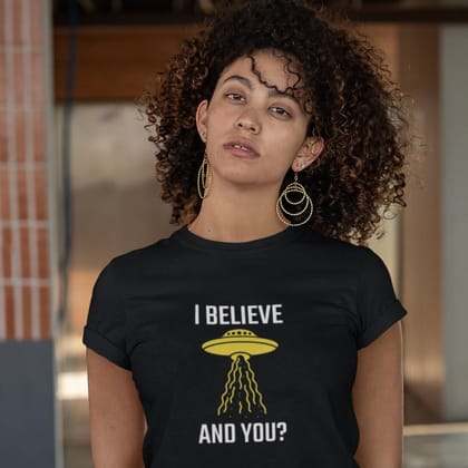 EqualLife Pure Cotton Bio-Washed T-Shirt Chest Printed-Funny Alien Message 3 - I Believe and You? Design-by ZingerTees-Women-EL9120128-F