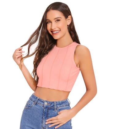 Women's Polyester Solid Sleeveless Round Neck Top (Peach) PID56690